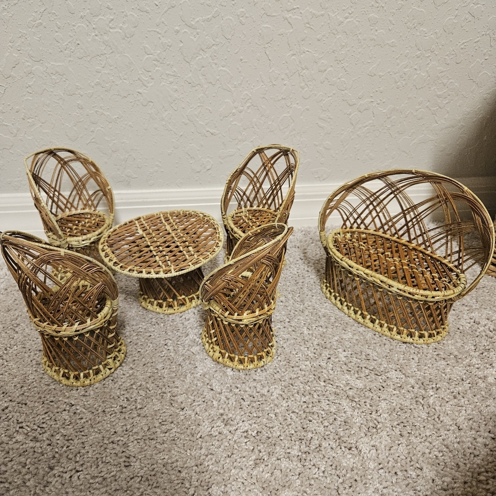 VTG Barbie Rattan Wicker Furniture Dining Set With 4 Chairs And Loveseat